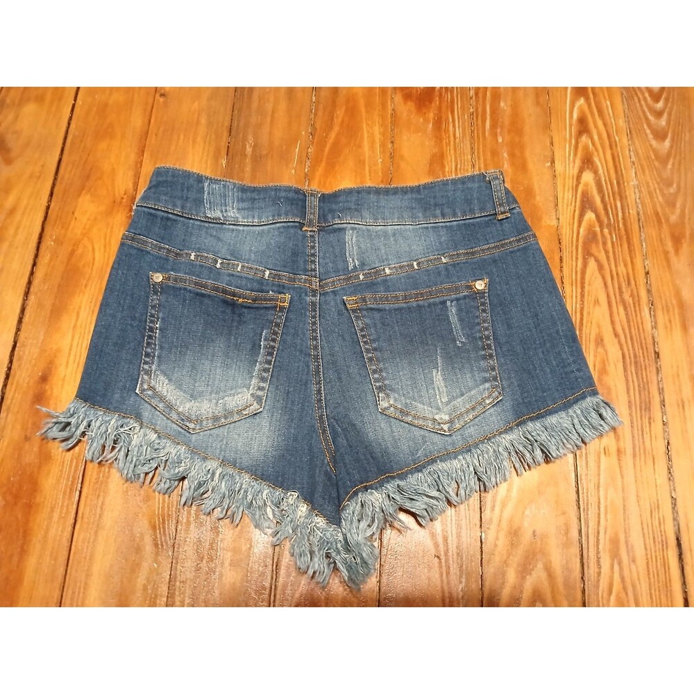 Altar'd State Jean Short shorts Frayed fringe hems Dark blue 3  NWOT - Picture 2 of 7